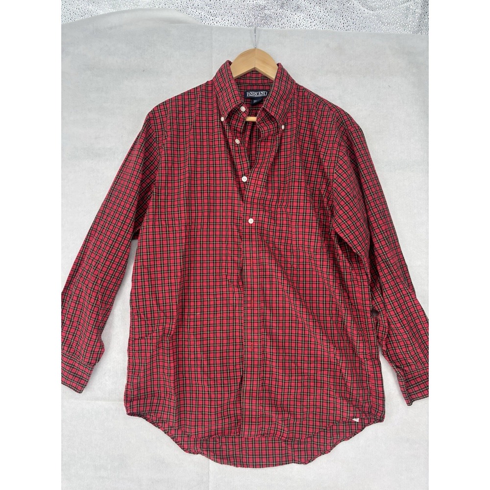 Lands End Red Plaid Shirt Mens Size 15.5/32 Button Up Cotton Long Sleeve Classic